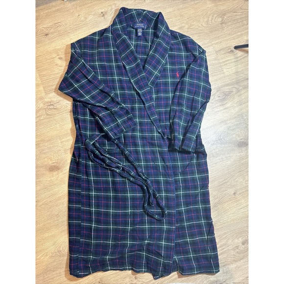Polo Ralph Lauren Bath Robe Tartan Plaid Flannel Green Mens Size Small Tie - Picture 1 of 7